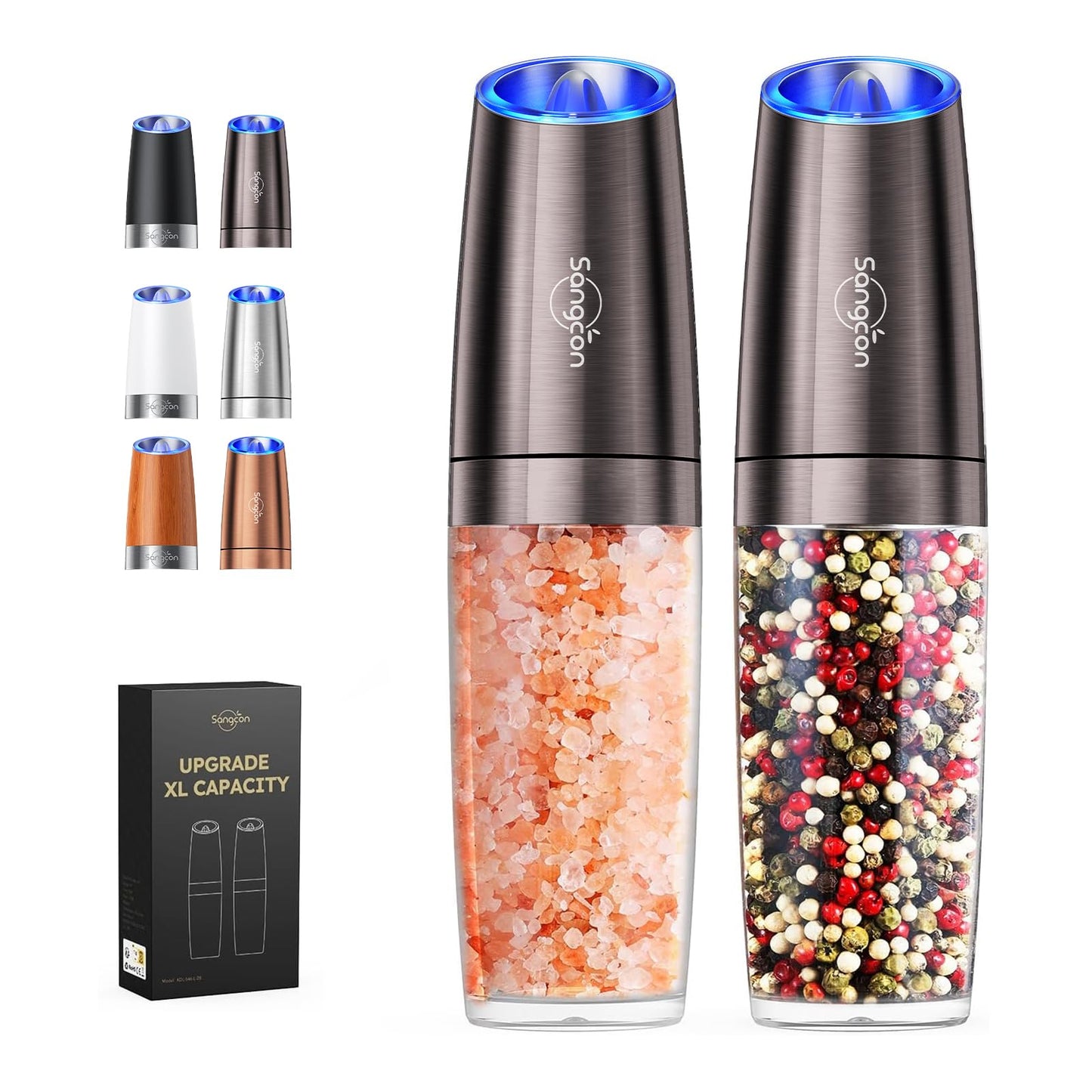 Sangcon Gravity Electric Salt and Pepper Grinder Set Shakers UPGRADED 9OZ XL CAPACITY Battery Powered Refillable Automatic One Hand Operation Adjustable Coarseness Mill Grinder Set for Kitchen