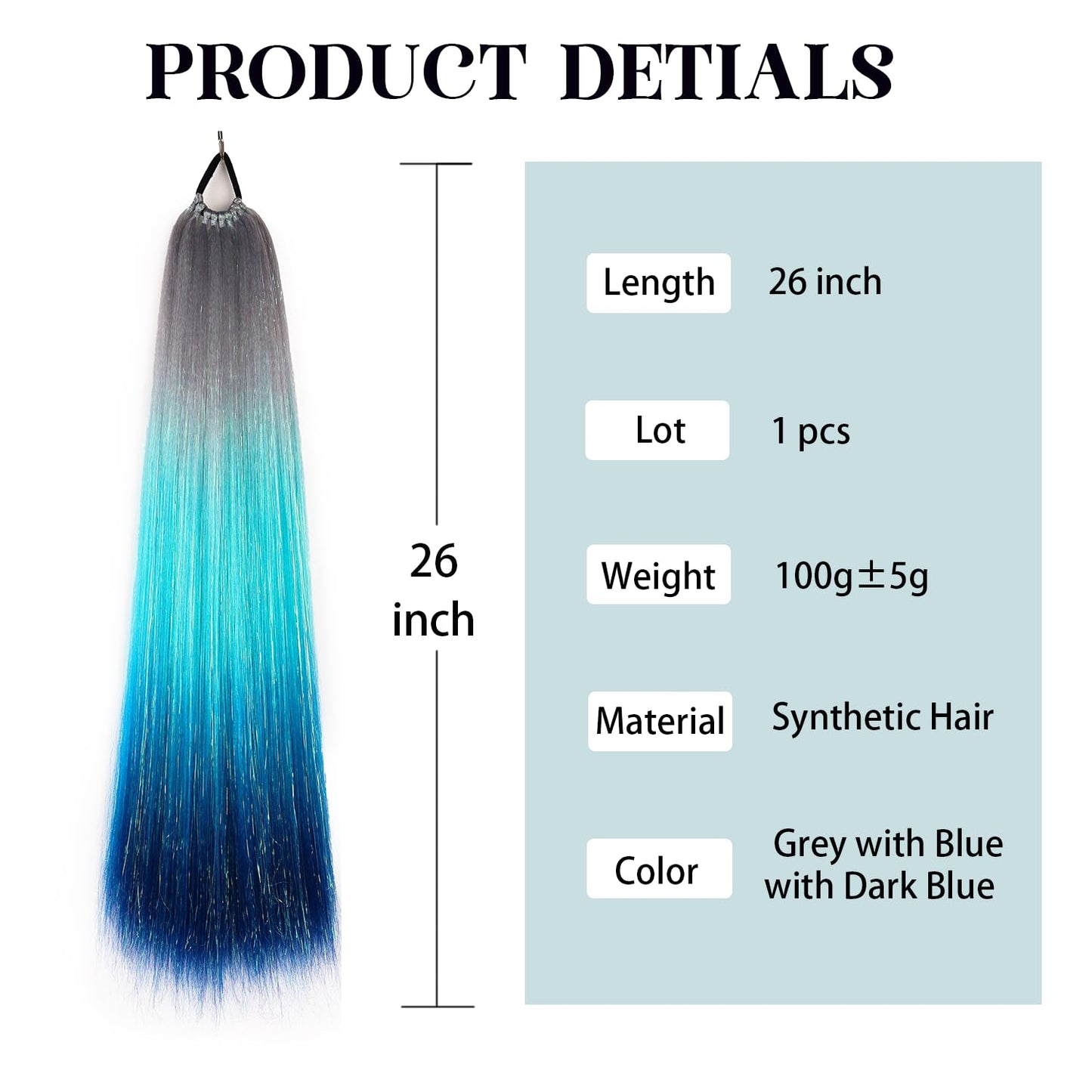 Colored Hair Extensions for Kids Ponytail Extension with Elastic Band Hair Tie, Colorful Tinsel Ponytail Rave Hair Extensions, Rainbow Festival Hair, 1 Pack