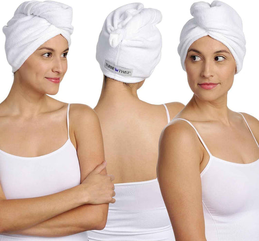 Turbie Twist 3-Pack Cotton Hair Towel Wrap for Beauty, Travel, Gifting - Fast-Drying Hair Turban for Luxurious Hair Care - For All Hair Types & Lengths - White