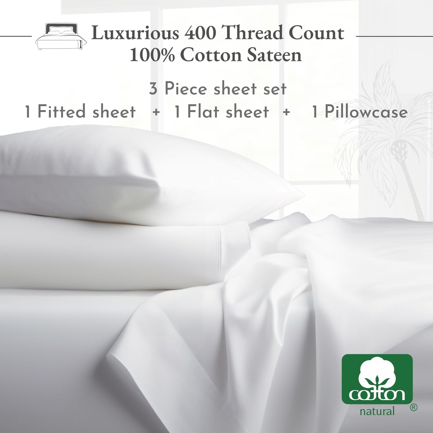 California Design Den Twin Sheets 100% Cotton, 400 Thread Count Sateen for Twin Size Bed - Soft, Breathable & Cooling Sheet Set, 3-Pc Deep Pocket Bed Sheets - Beige