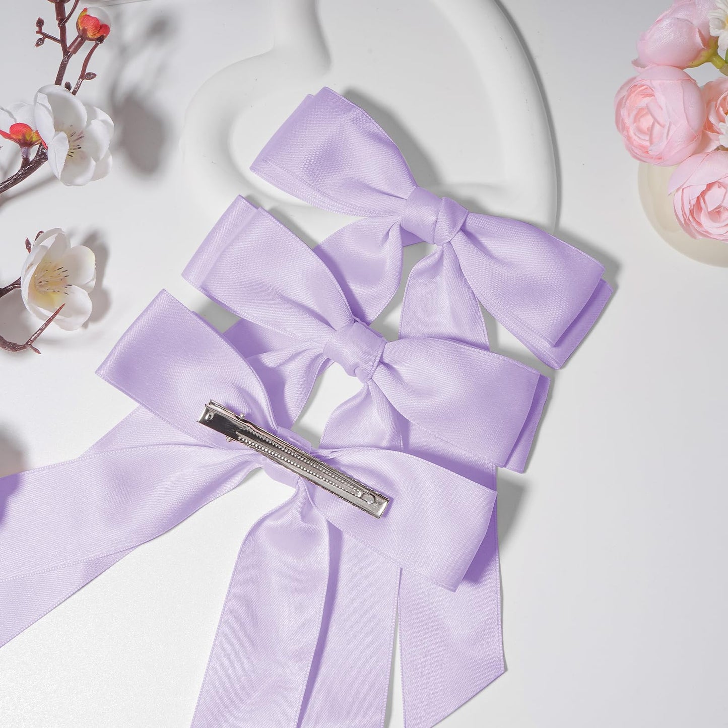 3Pcs Purple Hair Bows for Women Double-Layer Long Tail Bow Hair Clip Hair Ribbon Ponytail Holder Hair Accessories for Girls Toddlers