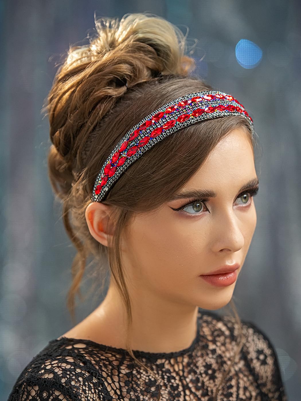 Barode Rhinestone Headbands Colorful Glitter Crystal Wide Headband Bejewelled Hairband Shell Pearl Bling Hair Accessories for Women (F)