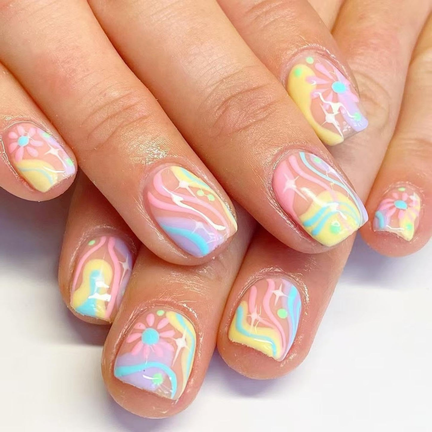 Colorful Stripe Press on Nails Short Square Fake Nails Glossy False Nails With Pink Flowers Designs Full Cover Nude Stick on Nails for Women Manicure 24 Pieces 24Pcs