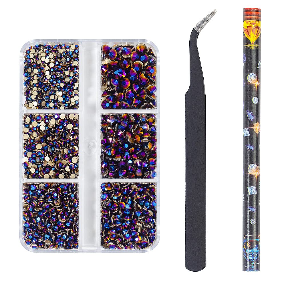 6Grids 3000Pcs Flatback Rhinestones , Phantom Purple Nail Gemstones Crystals Jewels, Craft Glass Diamonds Stones Bling Rhinestone with Tweezers and Picking Pen For Nail Face Makeup(1.8mm~4mm Crystal)