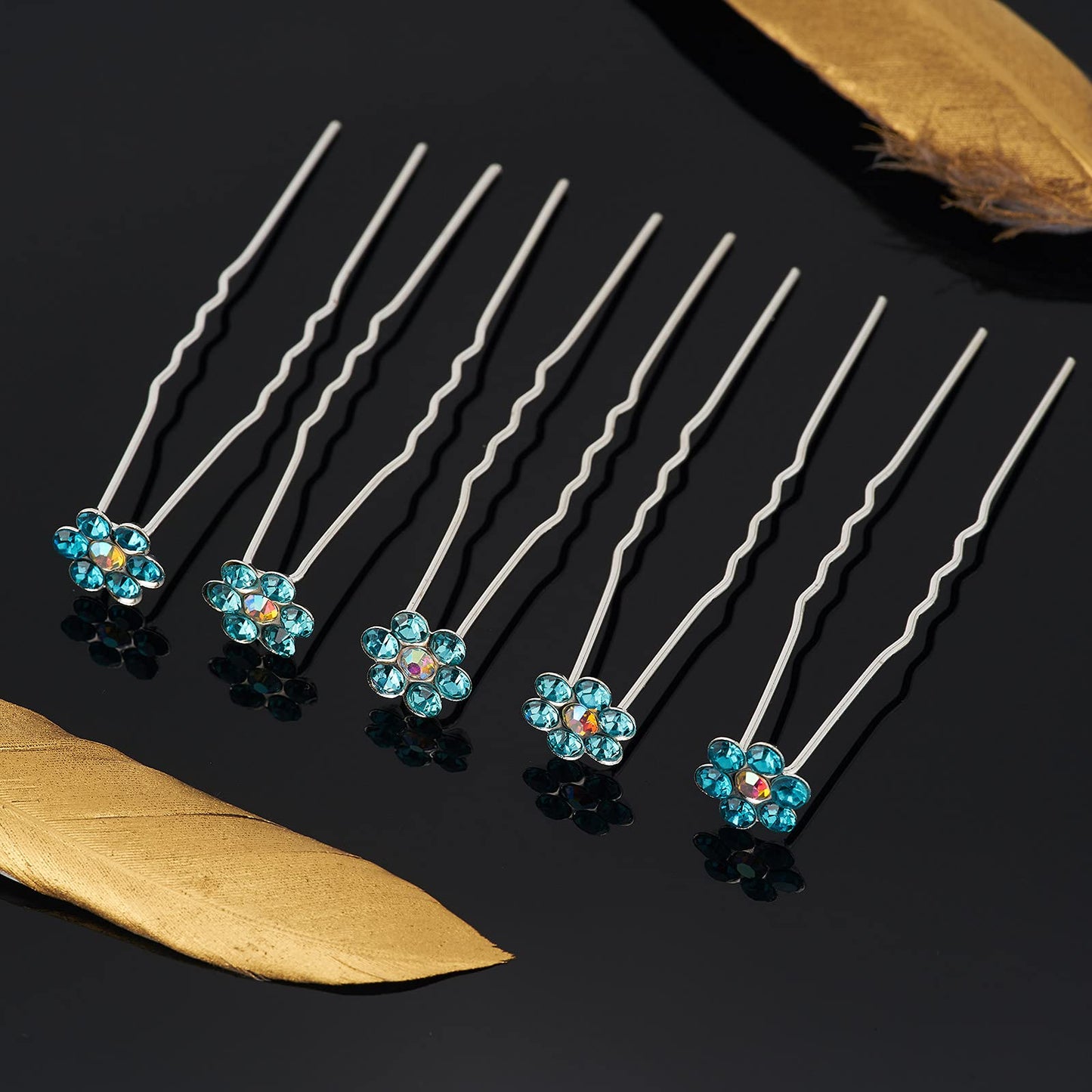 QIUTIMIY 20 Pack (Blue) Crystal Flower Hair Pins Rhinestone Hair Clips for Bridal Wedding Women Hair Jewelry Accessories, with Clear Container