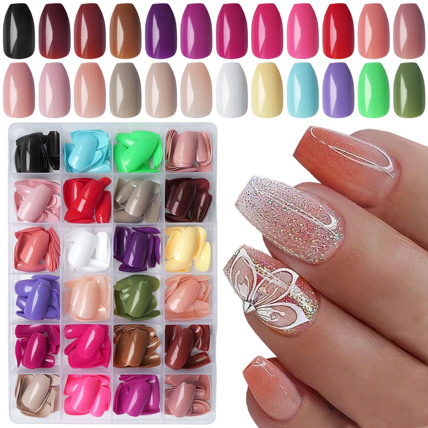 LoveoOurHome 576pc Coffin Press on Nails Short, Short Gel Press on Nails Coffin Fake Nails Colored Full Cover Glossy Ballerina Artificial False Fingernails Acrylic Tips for Women Girls