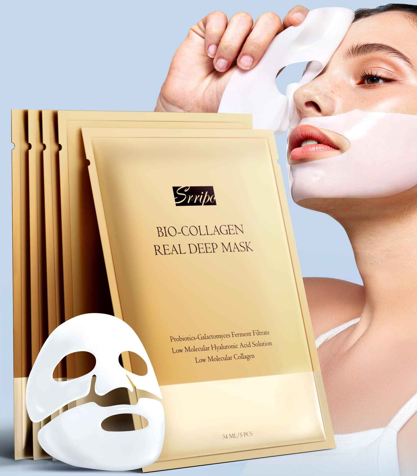 Radiant Glow Collagen Face Mask - Real Deep Overnight Face Masks Skincare with Hyaluronic Acid, Galactomyces Ferment & Vitamin E, Facial Mask for Hydrating, Firming, Plumping & Anti-Aging - 34g x 5ea
