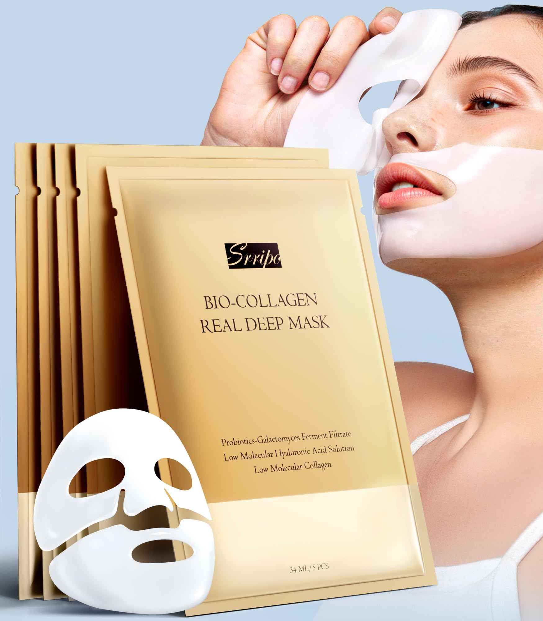 Radiant Glow Collagen Face Mask - Real Deep Overnight Face Masks Skincare with Hyaluronic Acid, Galactomyces Ferment & Vitamin E, Facial Mask for Hydrating, Firming, Plumping & Anti-Aging - 34g x 5ea