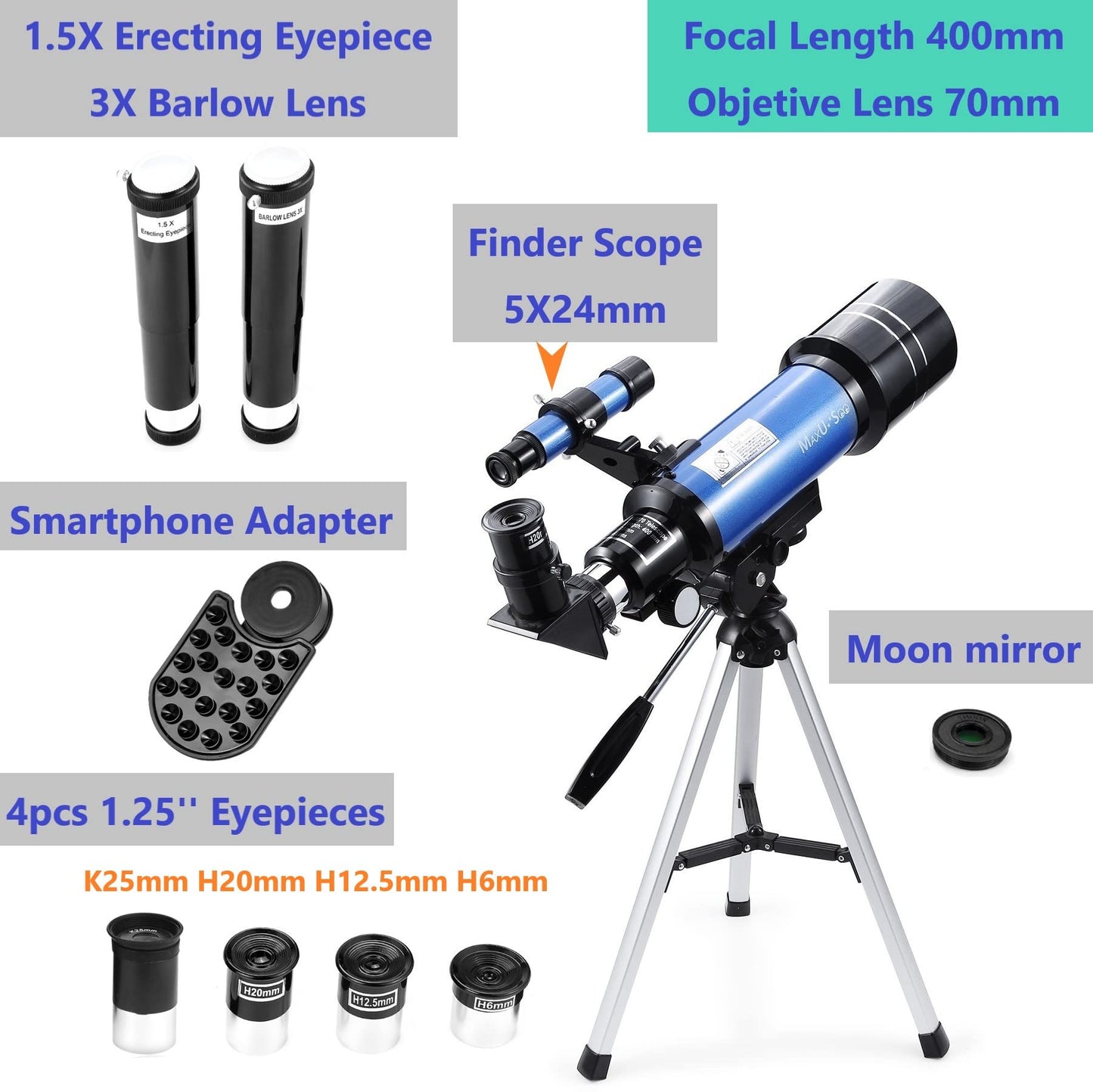 MaxUSee 70mm Telescope for Kids & Astronomy Beginners, Refractor Telescope with Tripod & Finder Scope, Portable Telescope with 4 Magnification eyepieces & Phone Adapter Blue