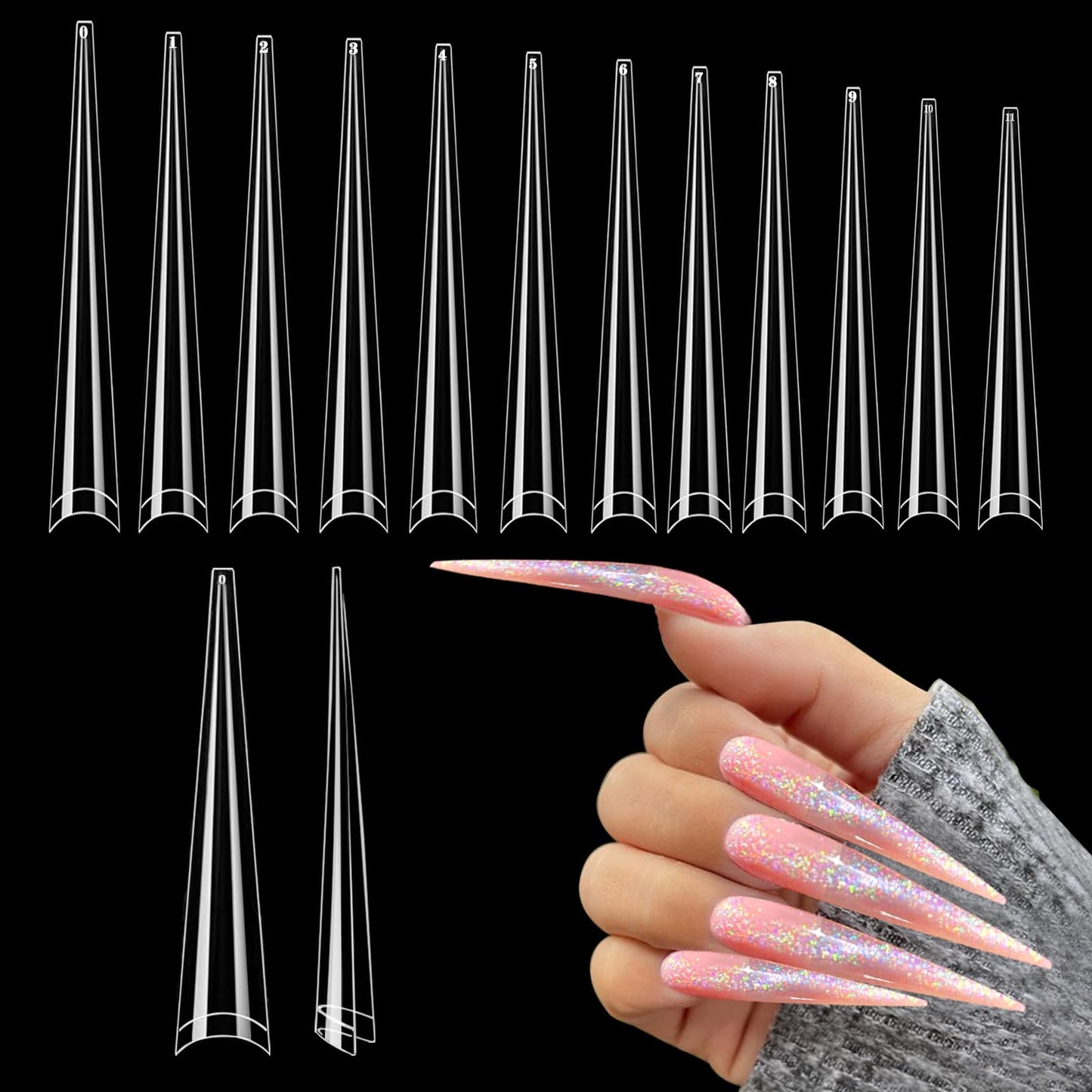 312PCS Extra Long Stiletto Nail Tips for Acrylic Nails Professional, 4XL Half Cover Stiletto Nail Tips, Clear French False Nail Extension, Super Long French Tapered Stiletto Nails Tip 12 Sizes