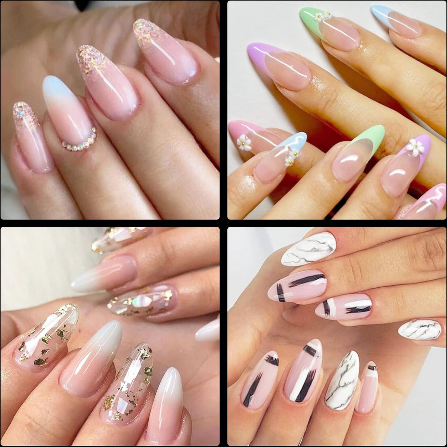 LoveOurHome Acrylic Nail Kit 600 Soft Gel X Short Almond Nail Tips Full Cover Fake Nails Fingernail Extension Stiletto Oval False Nail with Iridescent Glitter Powder (Almond)