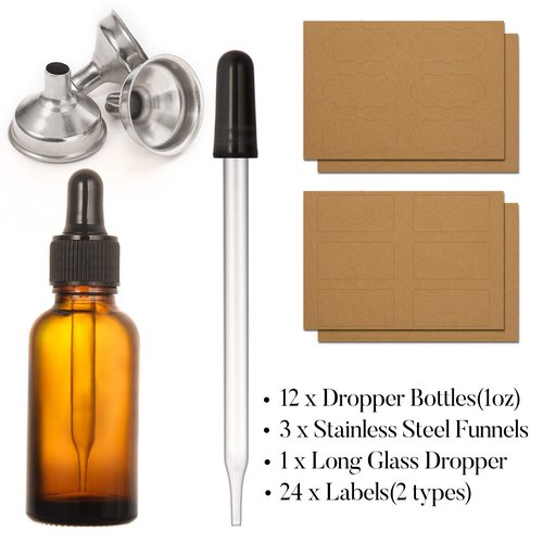 12 pcs, 1 oz Amber Dropper Bottles w/ 3 Stainless Steel Funnels & 1 Long Glass Dropper - 30ml Glass Bottles with Eye Droppers, Leakproof Essential Oils Bottle for Health, Personal Care & Beauty