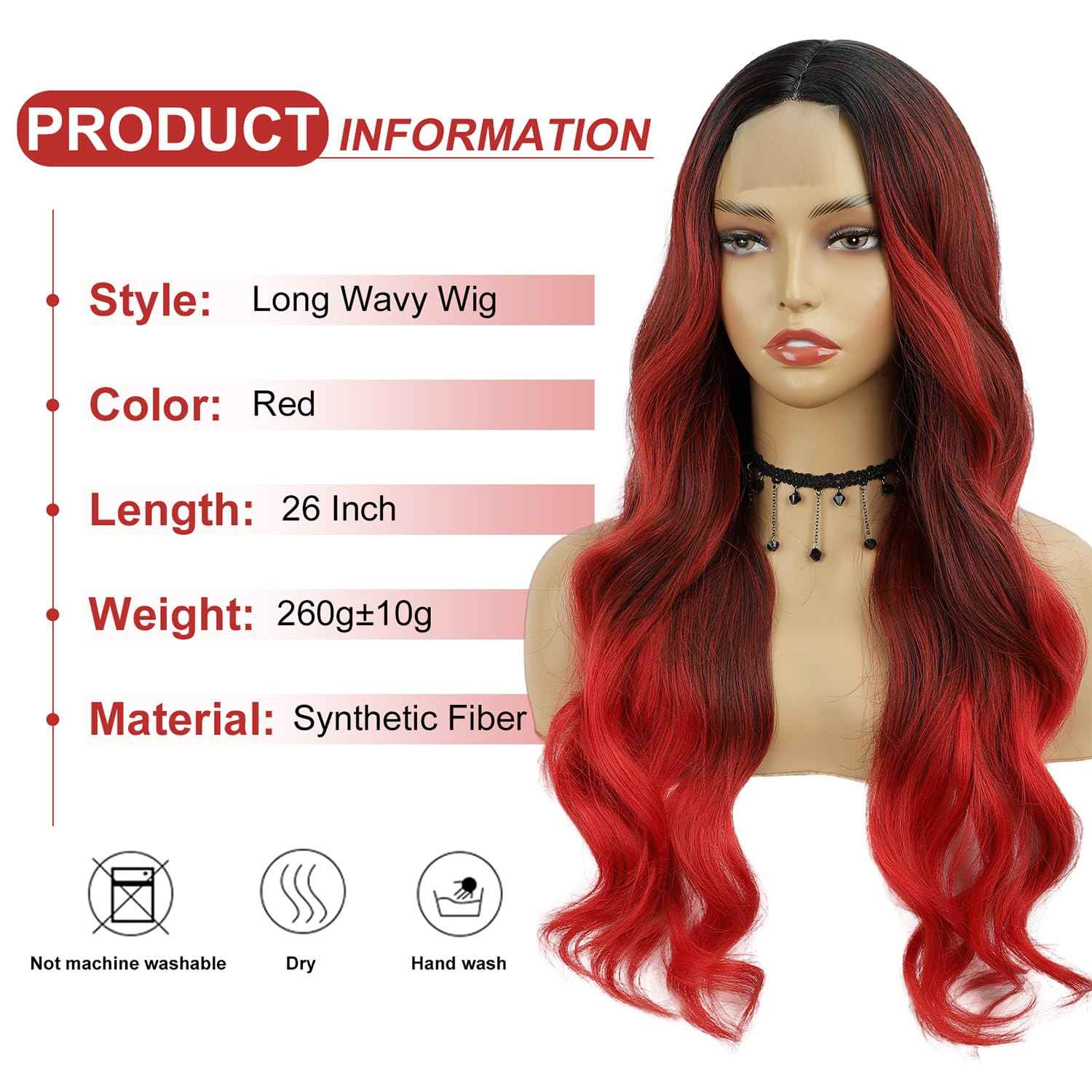 LUNDEREN Red Wavy Wig 26 Inch Long Red Ombre Wigs for Women Ombre Red Middle Part Wig Synthetic Heat Resistant for Daily Party Use (Ombre Red 26 Inch)