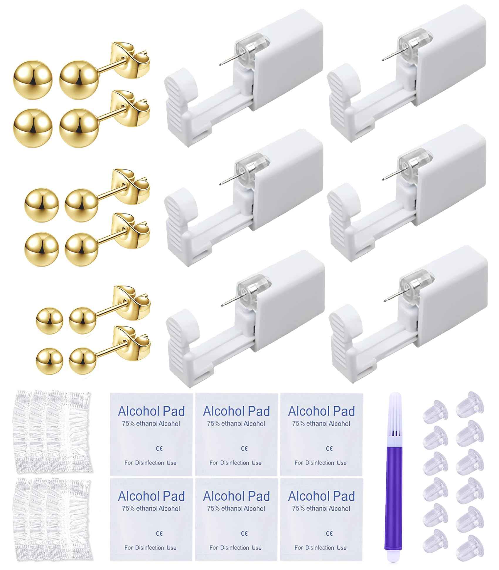 VitaCool Ear Piercing Kit Disposable Ear Cartilage Piercing Gun Kit with Sterile Multi-Sized CZ Studs Easy and Safe Earring Self for Yourself Use at Home (Style I-Ball-2/3/4mm-G)