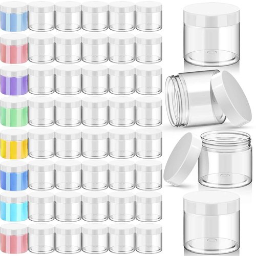 Patelai 48 Pack 2 oz Clear Plastic Jars with White Lids Empty Containers Round Clear Plastic Jars Wide-mouth Refillable Storage Organizers for Cosmetics Lotions Butters Slime Making and Food Storage