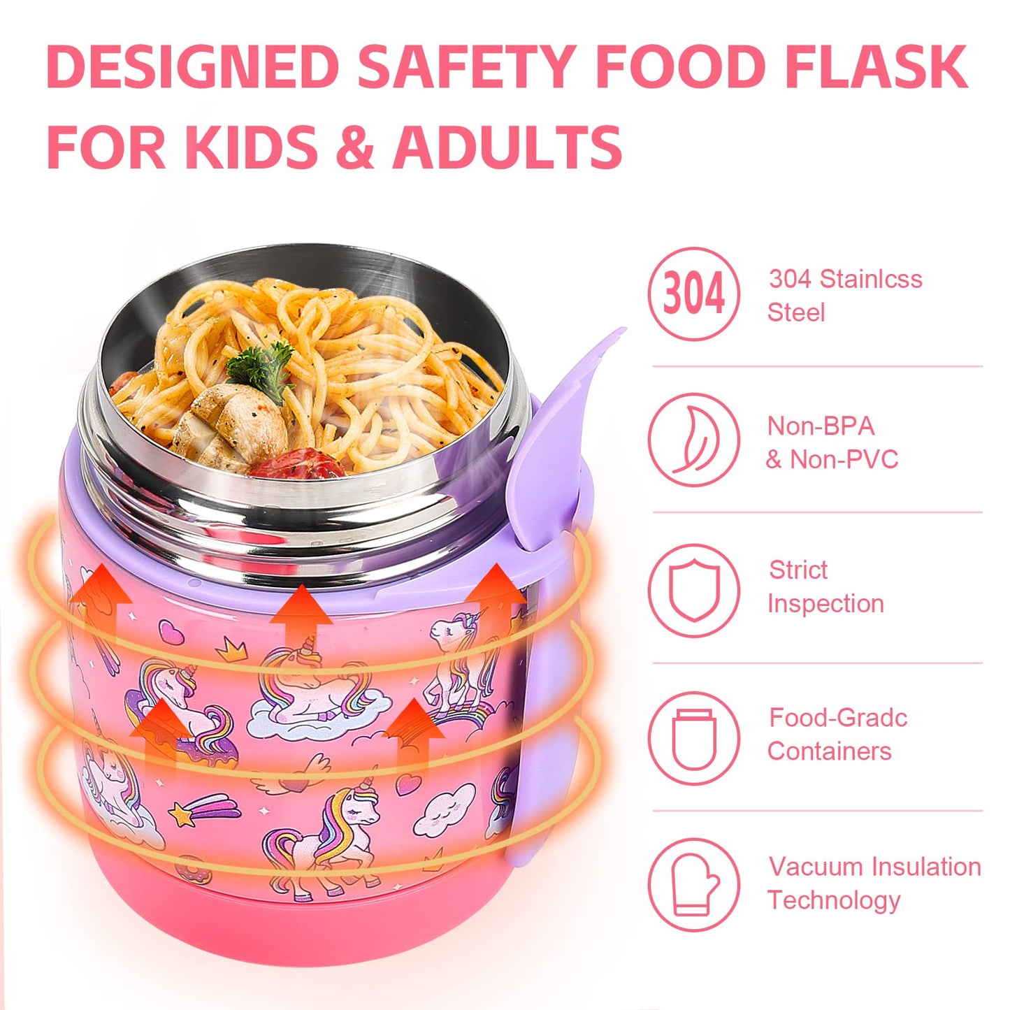 10oz Soup Thermo for Hot Food Kids Insulated Food Jar,Thermo Hot Food Lunch Container, Width Mouth Stainless Steel Lunch Box for Kids with Spoon (Pink-Cute Horse)