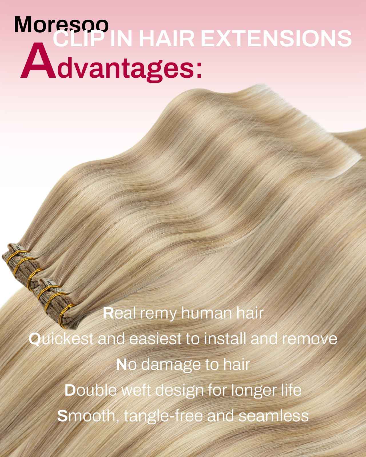 Moresoo Clip in Hair Extensions Blonde Short Human Hair Clip in Extensions Highlights Dark Ash Blonde With Medium Blonde Double Weft for Women Straight 80g/5pcs 10 inch