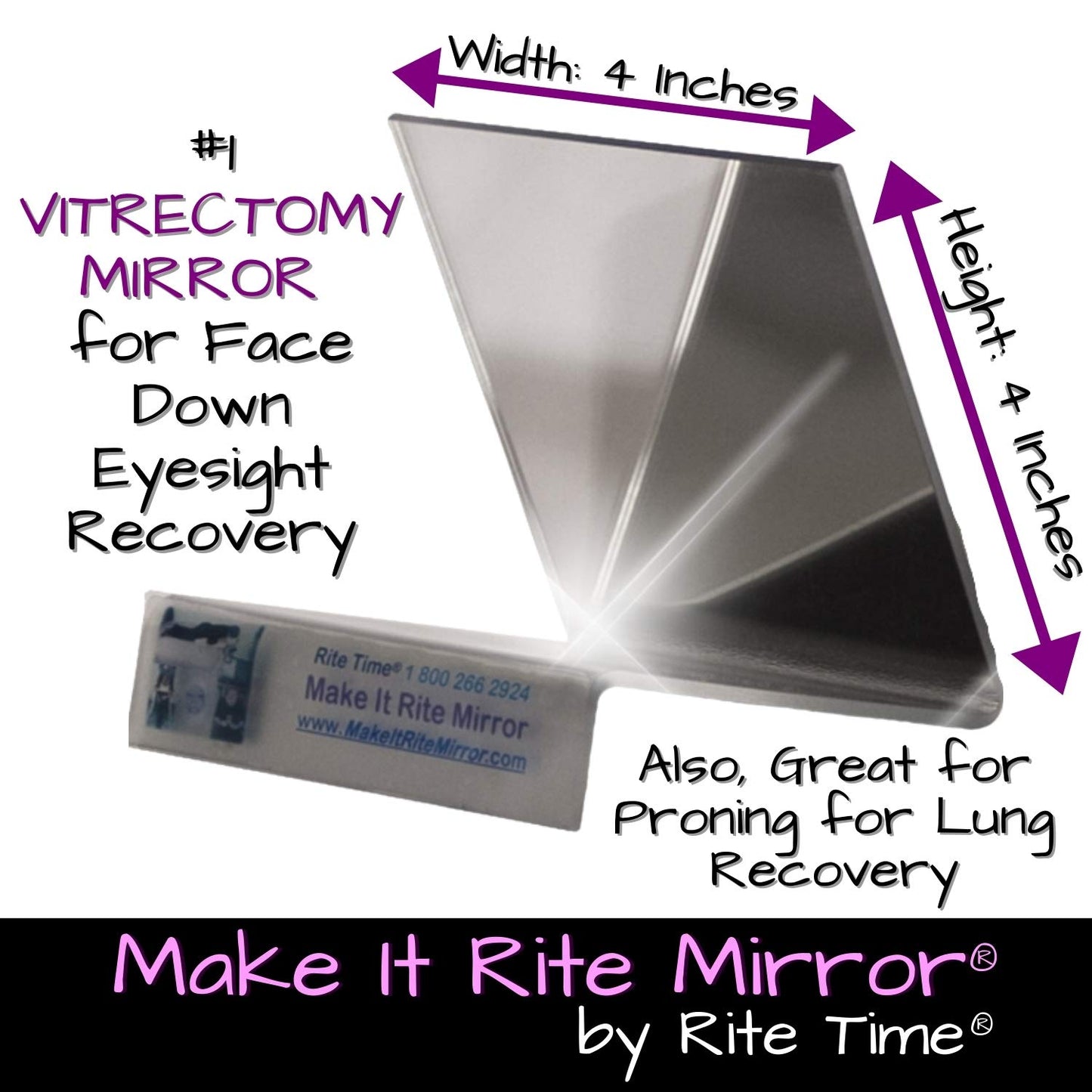 Make It Rite Mirror 4" Wide 2-Way for face Down vitrectomy Eyesight and COVID-19 proning Lung Recovery