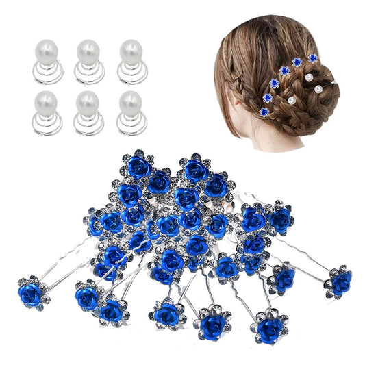 inSowni 40pcs Bridal Wedding Rhinestone Rose Flower U-shaped Hair Pins & 6pcs Twist Pearl Hairpins Headpiece Set in Gift Box for Women Girls Bridesmaid (Royal Blue Set)