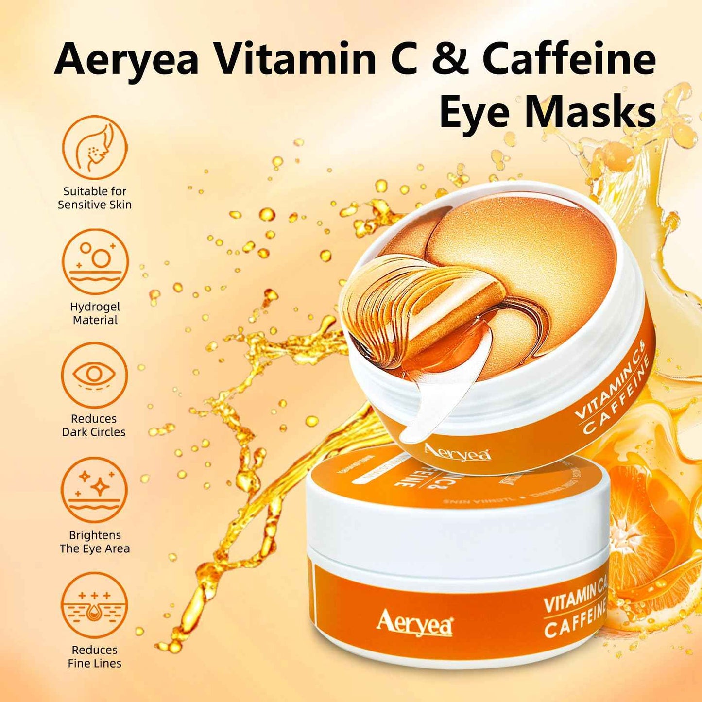Aeryea Under Eye Patches with Vitamin C & Caffeine 30 Pairs for Dark Circles, Fine Lines and Puffiness, with Niacinamide Hydra-Gel Collagen, Skin Care for Men & Women