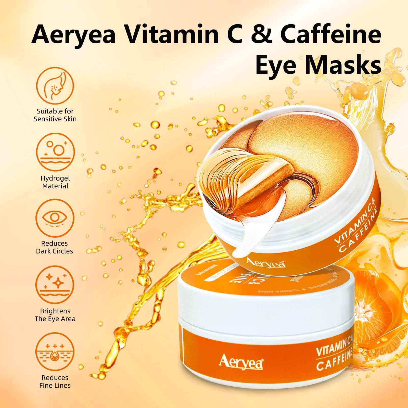 Aeryea Under Eye Patches with Vitamin C & Caffeine 30 Pairs for Dark Circles, Fine Lines and Puffiness, with Niacinamide Hydra-Gel Collagen, Skin Care for Men & Women