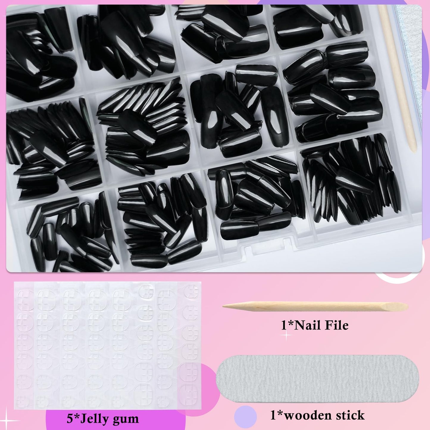 AddFavor 300pcs Coffin Press on Nails Medium Fake Nails Glossy Black Nails Ballerina Square Nail Press on Acrylic False Nail for Women Girls