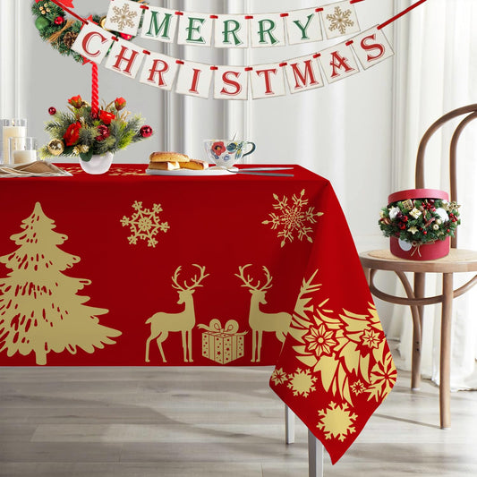 Faptoena Merry Christmas Rectangle Tablecloth 60×120 inch Christmas Table Cloth Golden Deer Christmas Tree Table Covers Red Christmas Decoration for Christmas Party Dining Room Home Kitchen Picnic