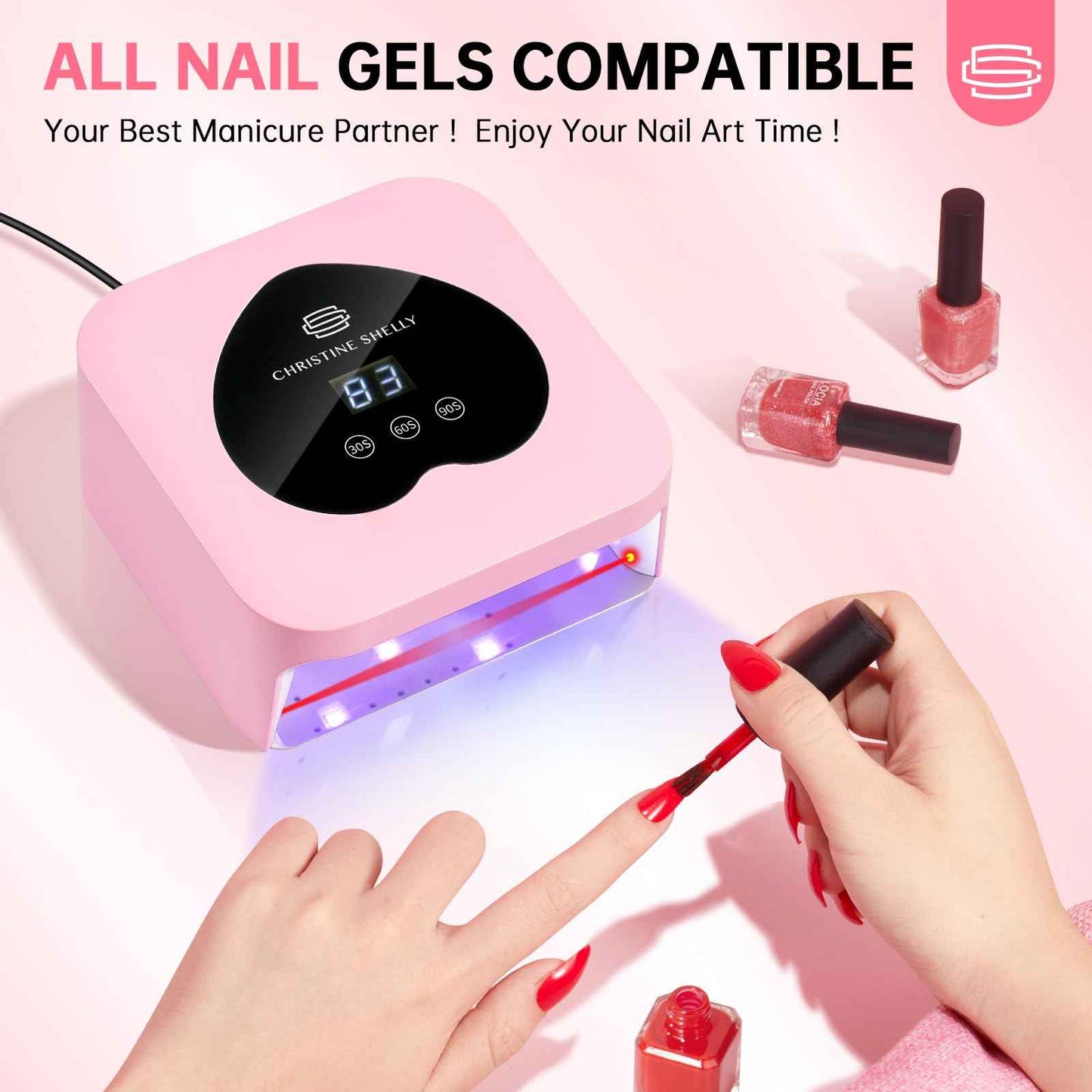 UV Nail Lamp, CHRISTINE SHELLY UV Light for Gel Nails, 48W Plug-in Mini Nail Lamp Nail Dryer with Touch Control Auto Sensor and 3 Timer Settings Nail Light Curing Lamp, Home Salon Nail Art Tools,Pink
