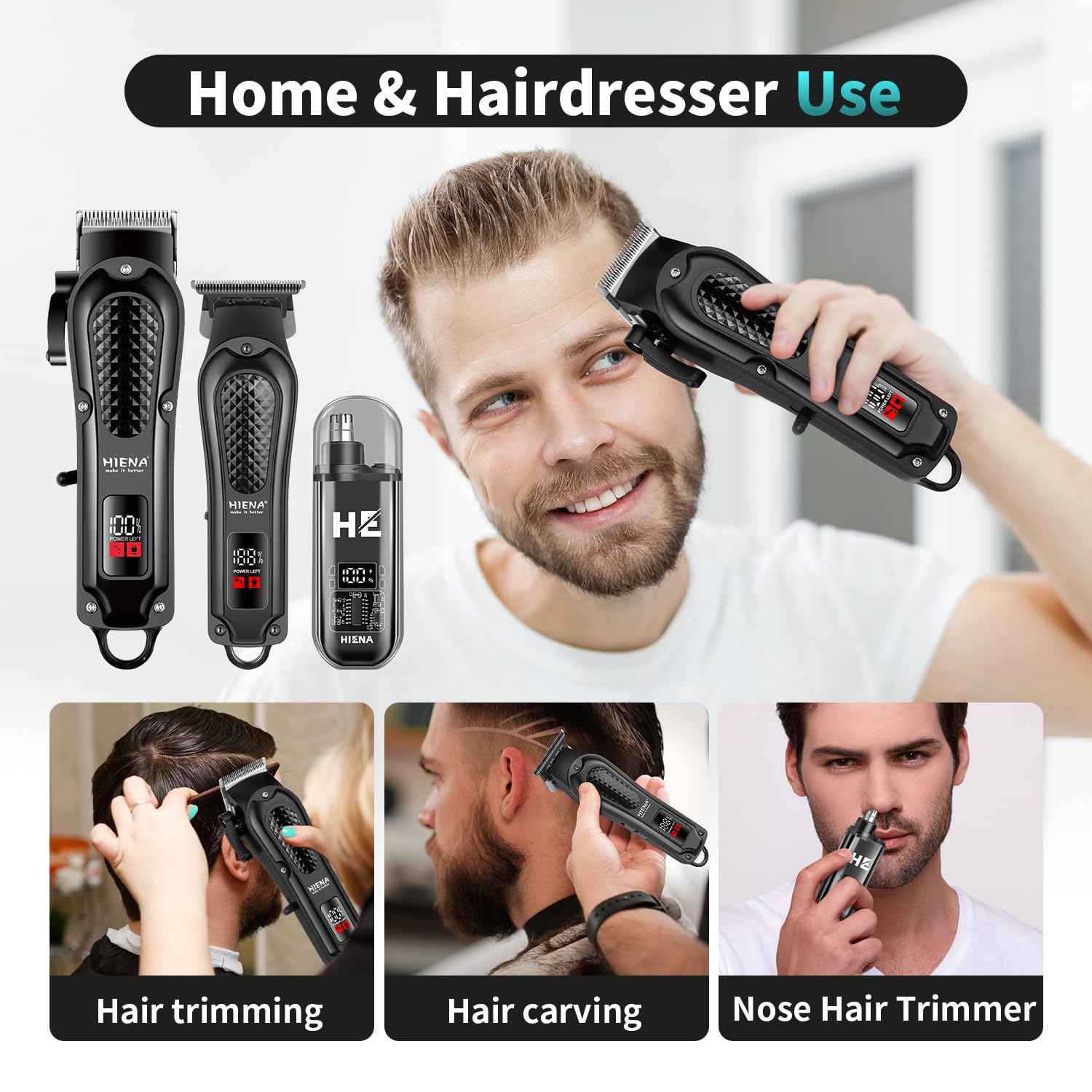 HIENA PRO Professional Cordless Hair Clippers for Men, Beard Trimmer & Nose Hair Trimmer Set, Rechargeable Electric Barber Hair Cutting Grooming Kit