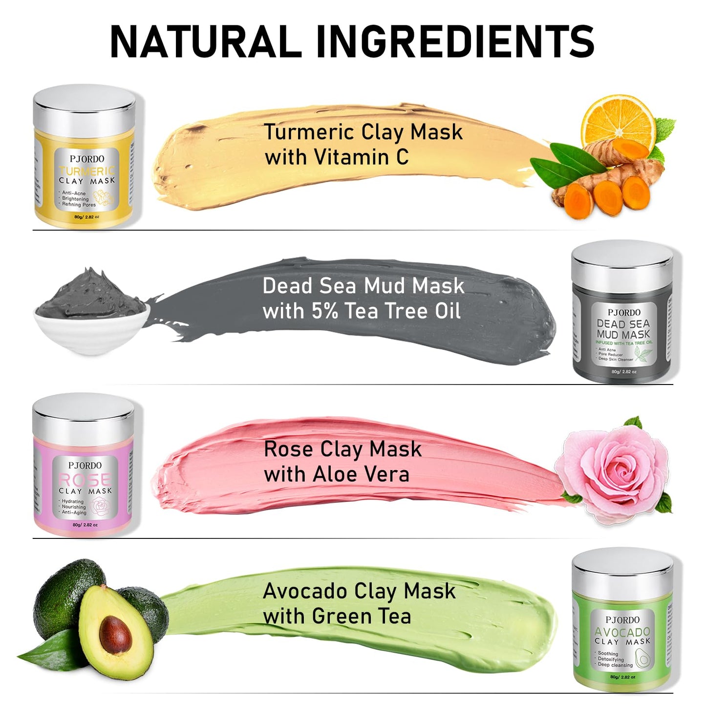 Pjordo 4 Pcs Clay Mask Set, Turmeric Vitamin C Clay Mask, Dead Sea Mud Mask, Avocado Clay Mask, Rose Clay Mask, Face Mask Skin Care Set, Perfect Gifts For Women Girls, 2.82 Oz Each