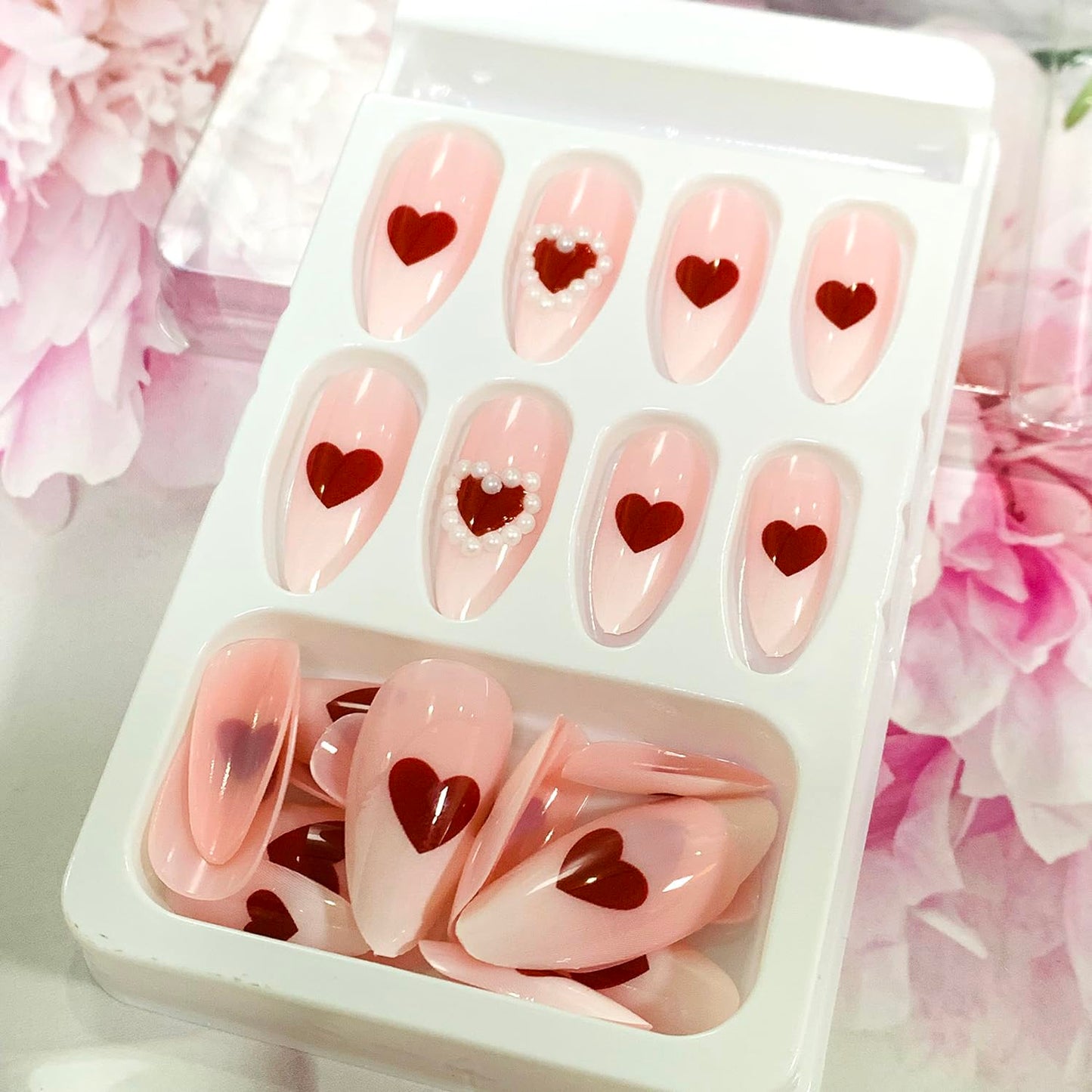 Red Heart Press on Nails Almond 24Pcs Glossy Full Cover Medium Acrylic False Nails with Heart Pearl Designs Reusable Artificial Fake Nails Set with Glue Stick on Nails with Charm for Women Girls