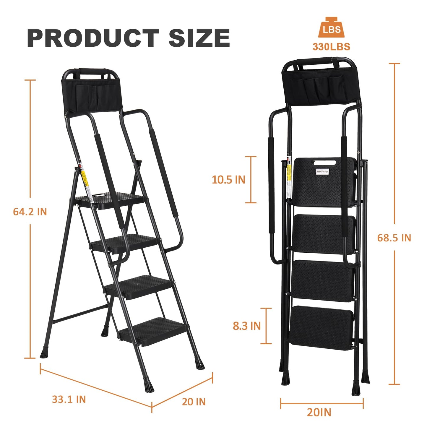 HBTower 4 Step Ladder with Handrails, Folding Step Stool with Wide Anti-Slip Pedal, 330lbs Sturdy Steel Ladder, Convenient Handgrip, Lightweight, Portable Steel Step Stool, Black, ZL02040201