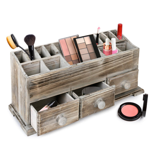 Besti Rustic Vanity Organizer for Cosmetics, Makeup, and Bathroom Accessories, Wooden Farmhouse Storage Box with 3 Drawers, Vintage Countertop, Dresser, or Desk Organization