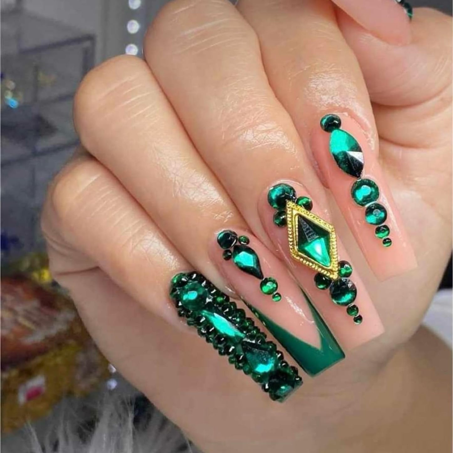 1460PCS Emerald Green Luxury Nail Art Rhinestones Kit for Acrylic Nails,Green Nail Charms 180pcs Multi Shapes Flatback Rhinestones+1240pcs Round Beads Glass+40pcs Metal Rhinestones Manicure