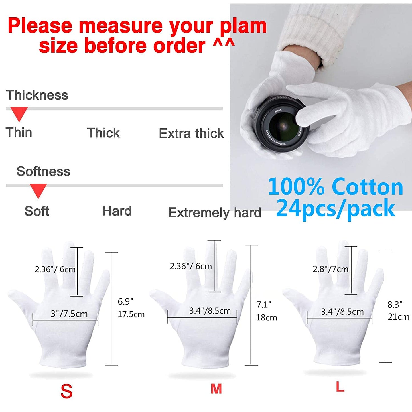 Cotton Gloves Kids 24pcs Soft White Gloves Moisturizing Eczema Gloves for Dry Hands SPA Inspection (Large)