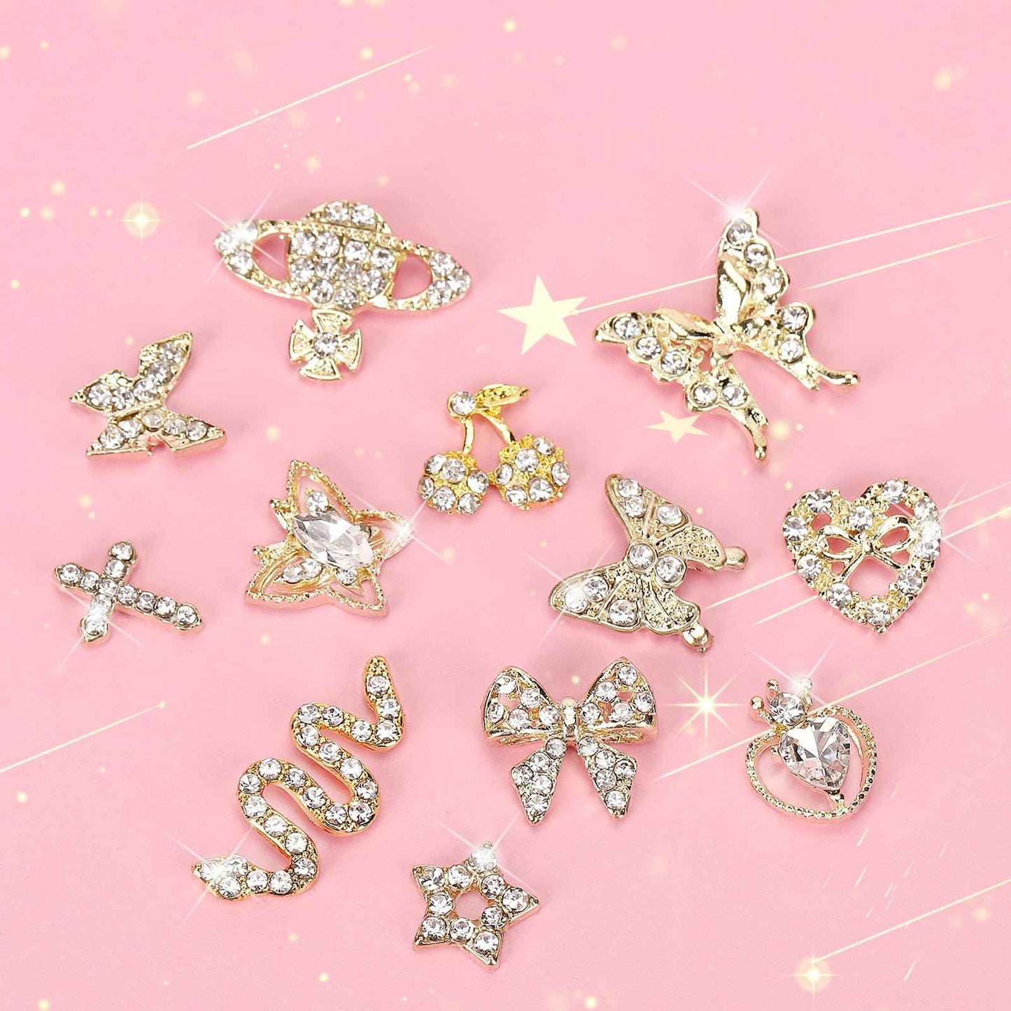 CUBLIVE 24PCS Nail Charms Y2k Alloy Nail Art Rhinestone Charms 3D Heart Bow Butterfly Charm with Rhinestones Cherry Nail Gems Shiny Jewelry Nail Decorations Accessories Supplies (SG)