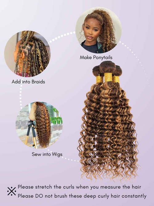 AUROO Honey Blonde Highlight Deep Wave Single Bundles Human Hair, 100% Thick Track 12A Virgin Brazilian Weaves P4/27 Balayage Ombre Brown Curly Water Wave Colored Human Hair Bundles Sew In 14 Inch