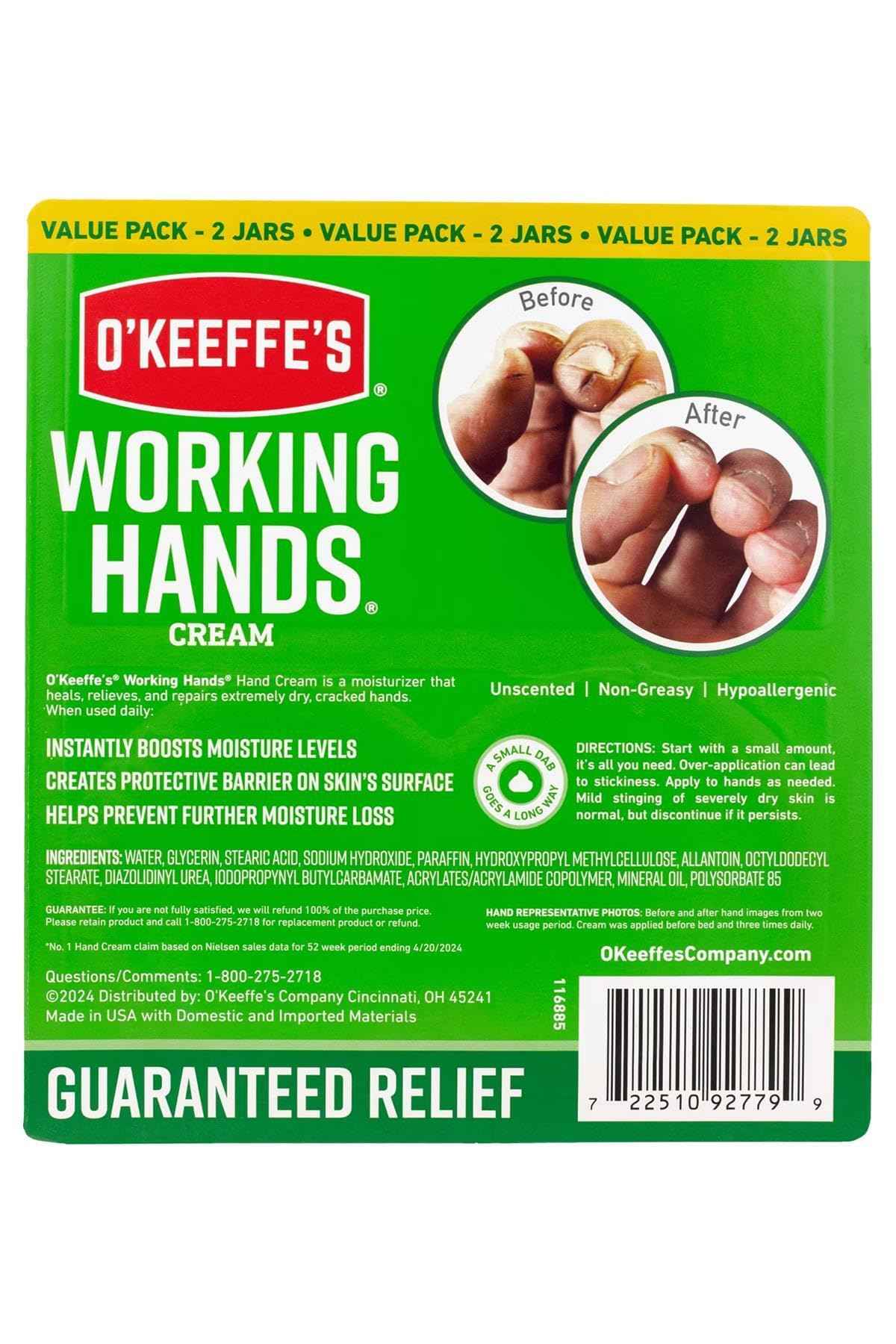 O'Keeffe's Working Hands Hand Cream Intense Moisturizing Relief for Extremely Dry, Cracked Hands Unscented, Non-Greasy, Hypoallergenic_Protective Barrier, 2 Pack (6.8 oz & 3.4 oz)