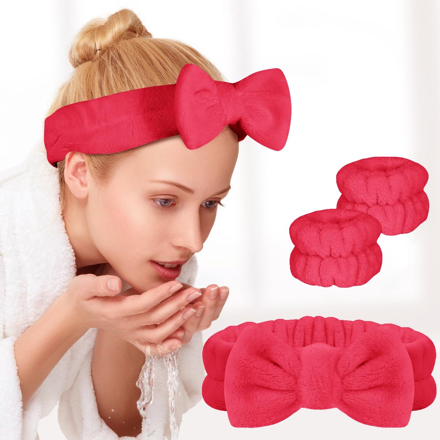 BLAAROOM 3PCS Bow Face Wash Headband and Wristband Set,Soft & Absorbent Spa Headband for Women Makeup Skincare Washing Face - Red