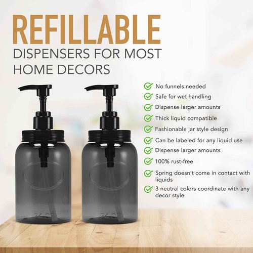 Bottiful Home-24 oz Plastic Refillable Wide-Mouth Jar Style Pump Bottle Dispenser Set of 4 for Thick Liquids (Gray)