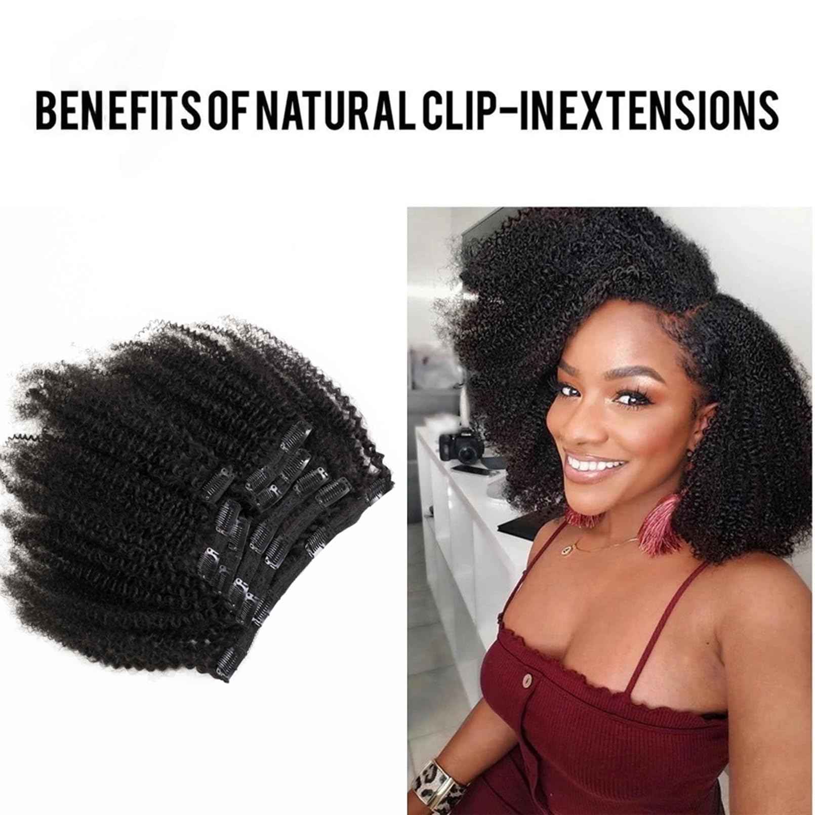 PangDongLai Afro Kinky Curly Clip In Hair Extensions Brazilian Virgin Human Hair 4B 4C Kinky Curly Clip Ins Hair Extensions 8pcs 18 Clips Natural Black Color for Daily Use (16inch)
