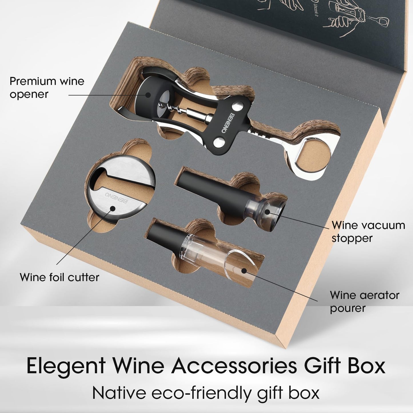 Wine Opener Gift Set Premium Wing Corkscrew Wine Bottle Opener with Multifunctional Bottles Opener, Wine Foil Cutter, Wine Vacuum Stopper, Wine Aerator Pourer Upgrade for Wine Lovers Man Woman, Black