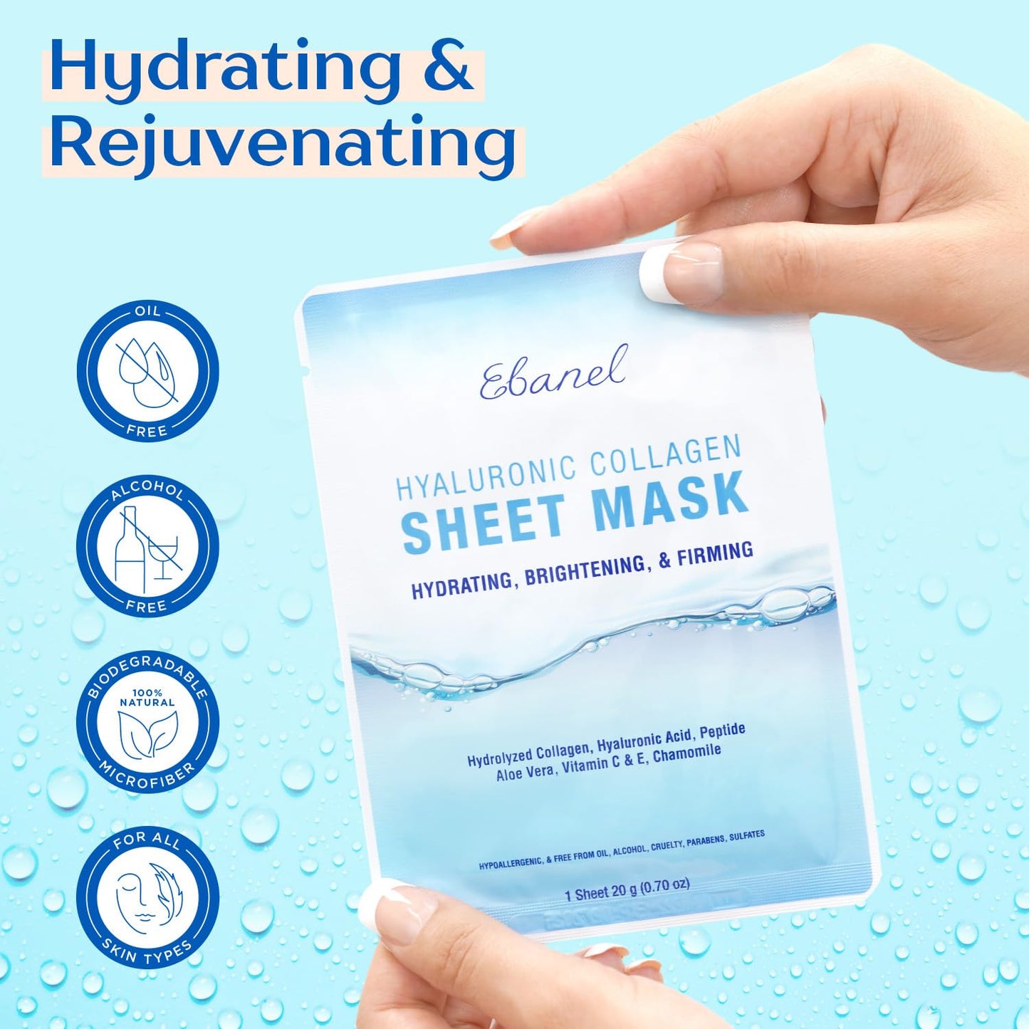 Ebanel 20 Pack Collagen Peptide Hydrating Face Masks, Instant Brightening Firming Anti Aging Face Sheet Masks, Moisturizing Spa Face Masks Skincare with Hyaluronic Acid, Vitamin C, Chamomile, Aloe