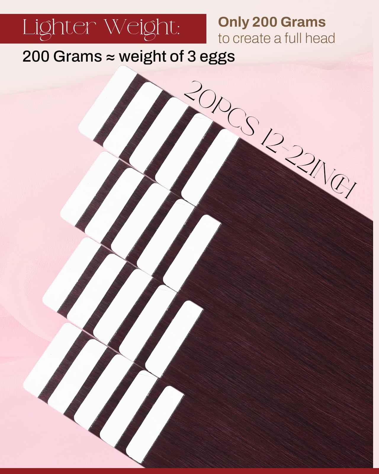 Moresoo Burgundy Tape in Hair Extensions Human Hair Invisible Tape in Extensions Real Hair Wine Red Extensions Glue in Human Hair Seamless Extensions Straight #99J 20pcs 40g 14 Inch