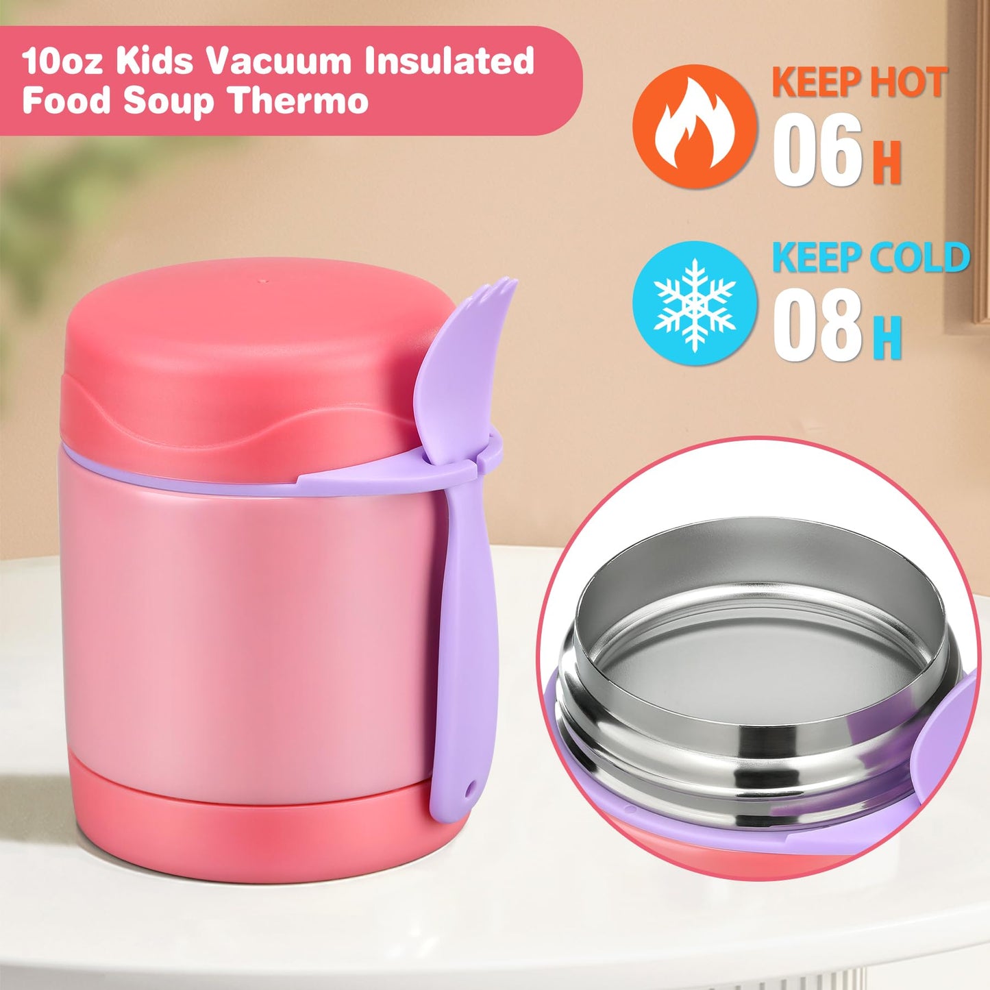 Pawtong 10oz Insulated Food Jar, Thermo for Hot Food Lunch Container, Stainless Steel Lunch Box for Kids with Spoon (Pink)