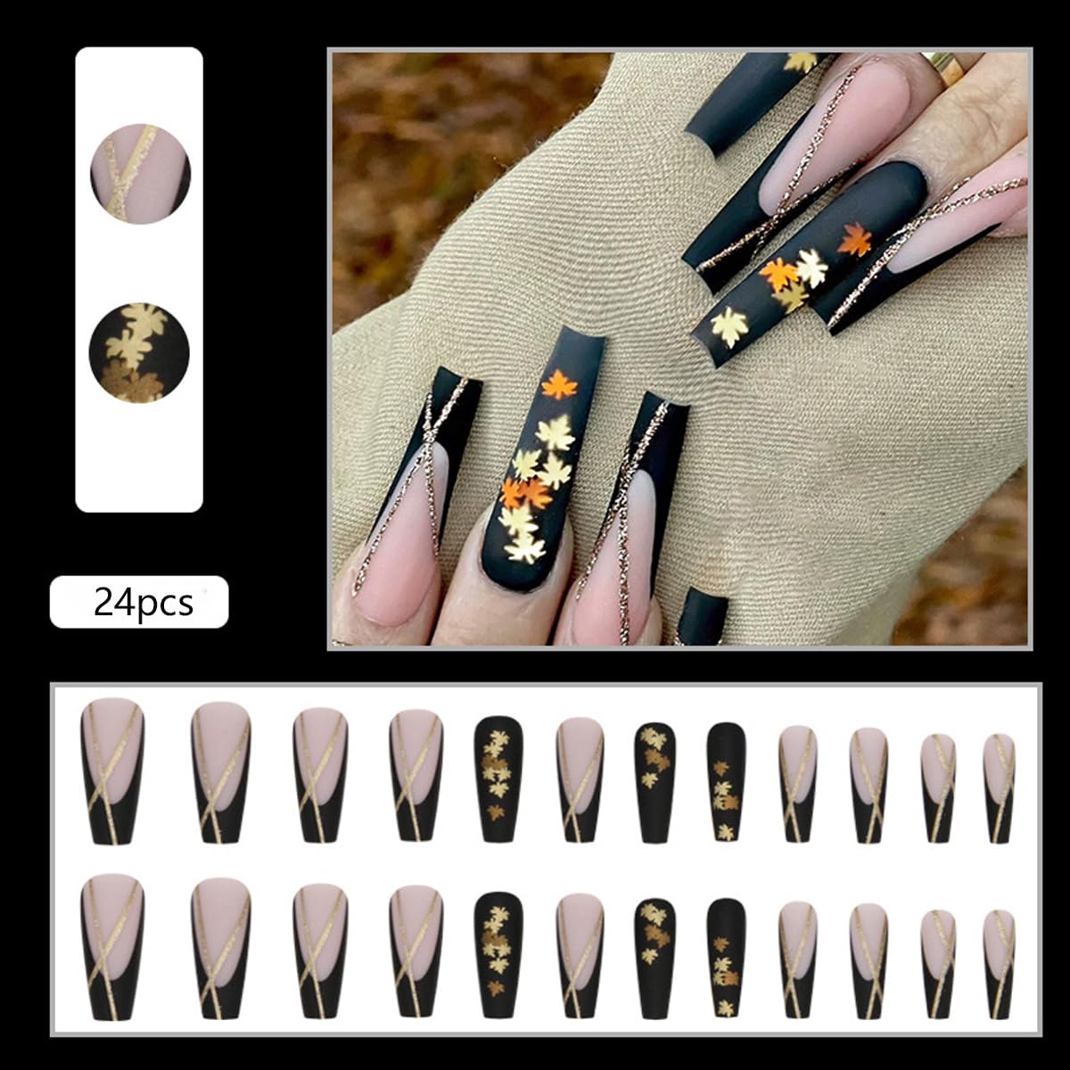 24Pcs Fall Press on Nails Long Coffin with Black French Maple Leaf Design Maple Leaves Fake Nails Press on Full Cover Stick on Nails Autumn Thanksgiving Manicure Tips for Women Girls