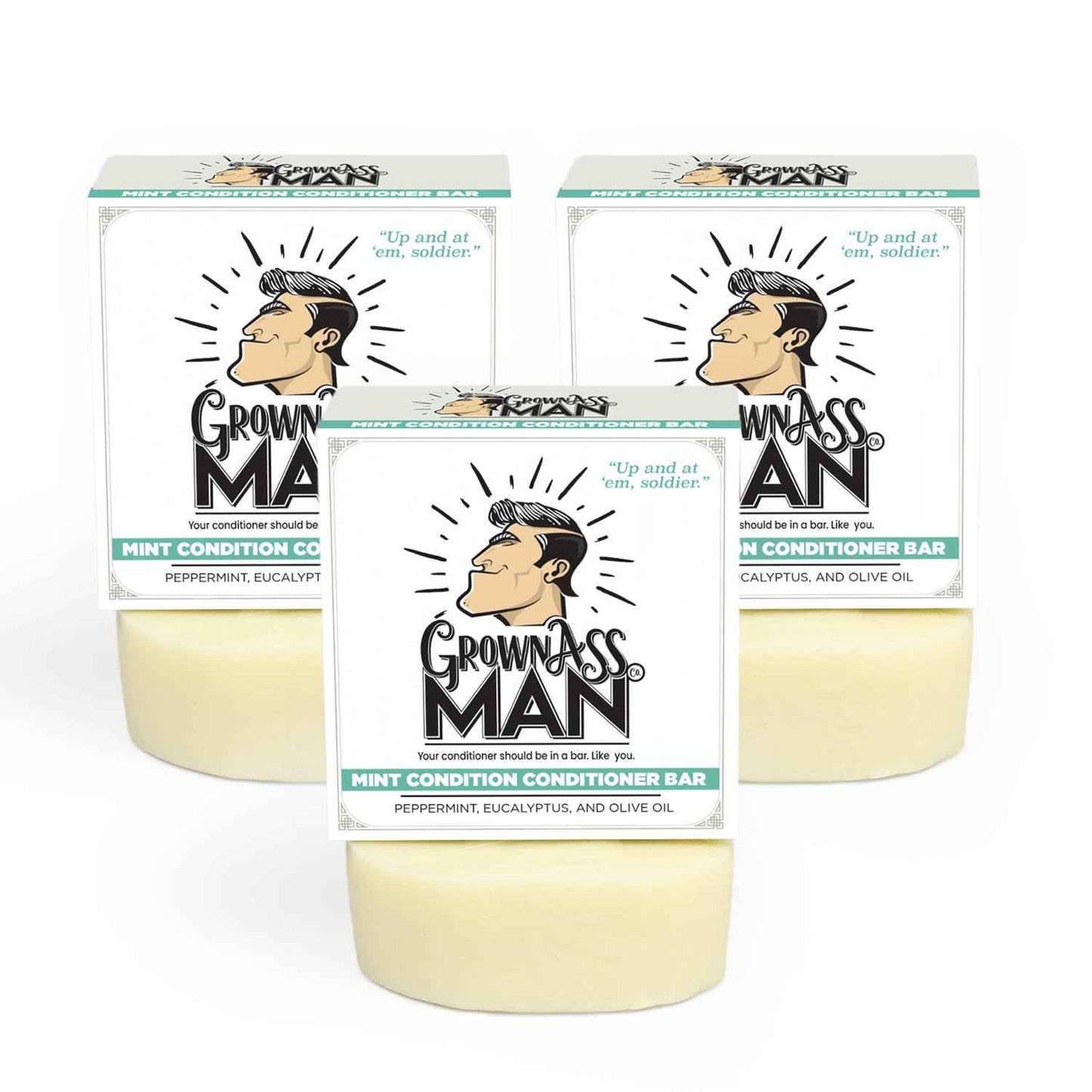 Grown Ass Man Co. Conditioner Bar - Plastic Free & Eco-Friendly, Natural & Organic Hydration for All Hair Made with Essential Oils for Soft, Smooth, Healthy Hair, 4.5 oz Bar (Mint Condition, 3-Pack)