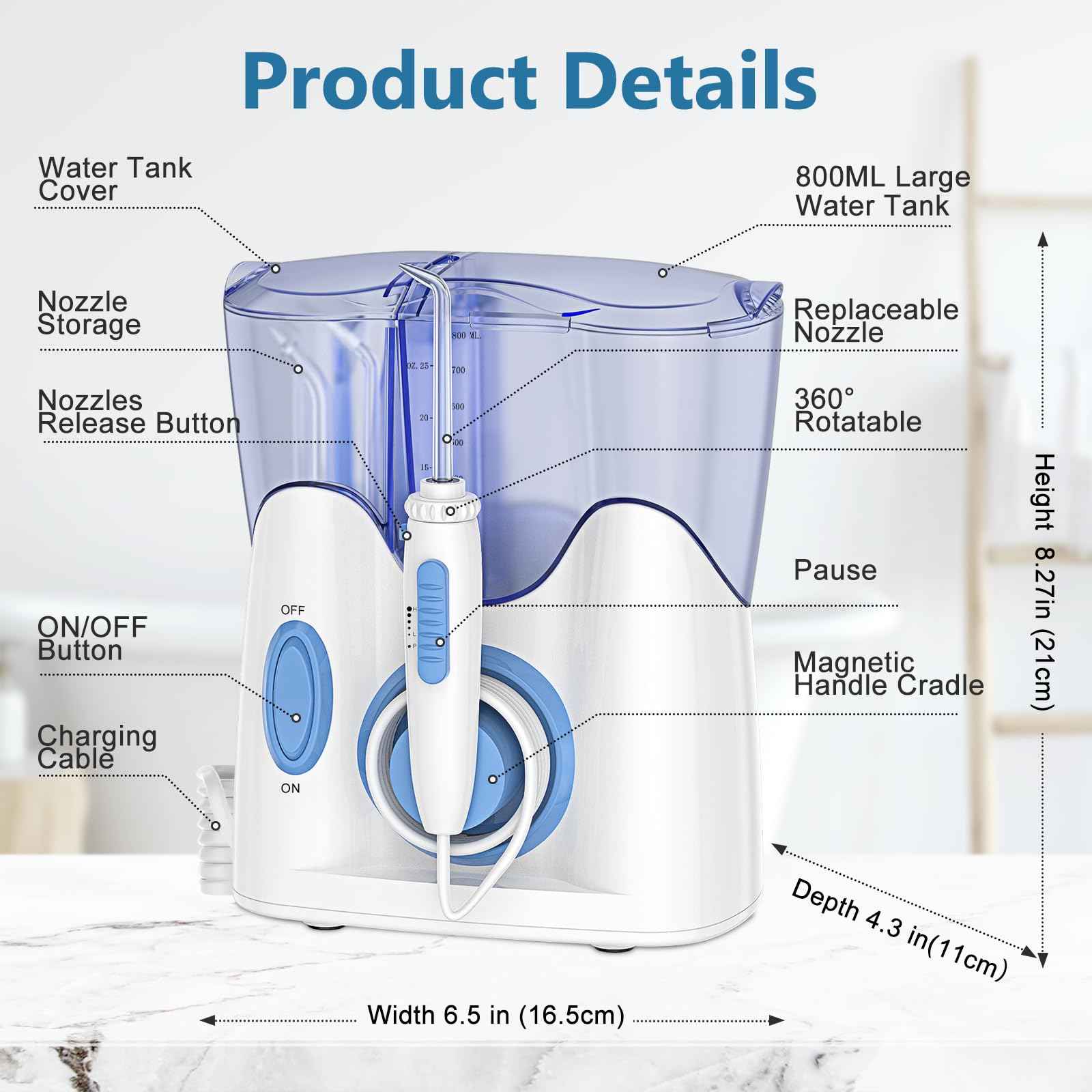 H2ofloss® Dental Water Flosser for Teeth Cleaning with 13 Multifunctional Tips&800ml Capacity, Professional Countertop Oral Irrigator Quiet Design(HF-9)