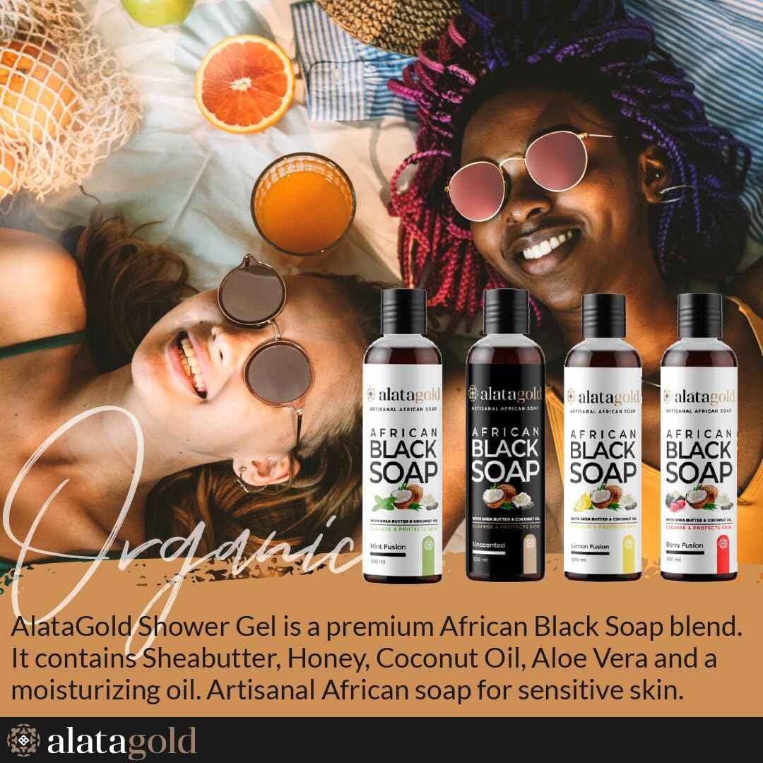 AlataGold African Black Soap Liquid Body Wash (Pack of 2) – Moisturizing Black African Soap with Shea Butter, Aloe, Honey & Coconut Oil – Deep Cleansing & Hydrating – 16.9 oz (Unscented)