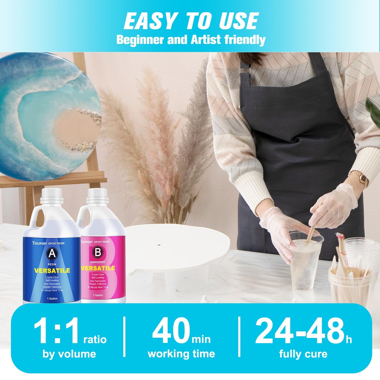 Teexpert Epoxy Resin Crystal Clear: 2 Gallon Epoxy Resin Kit Casting Resin Non Toxic High Gloss for Casting Coating Art DIY Craft Jewelry Wood Table - 2 Part(1gallon Resin and 1gallon Hardener)